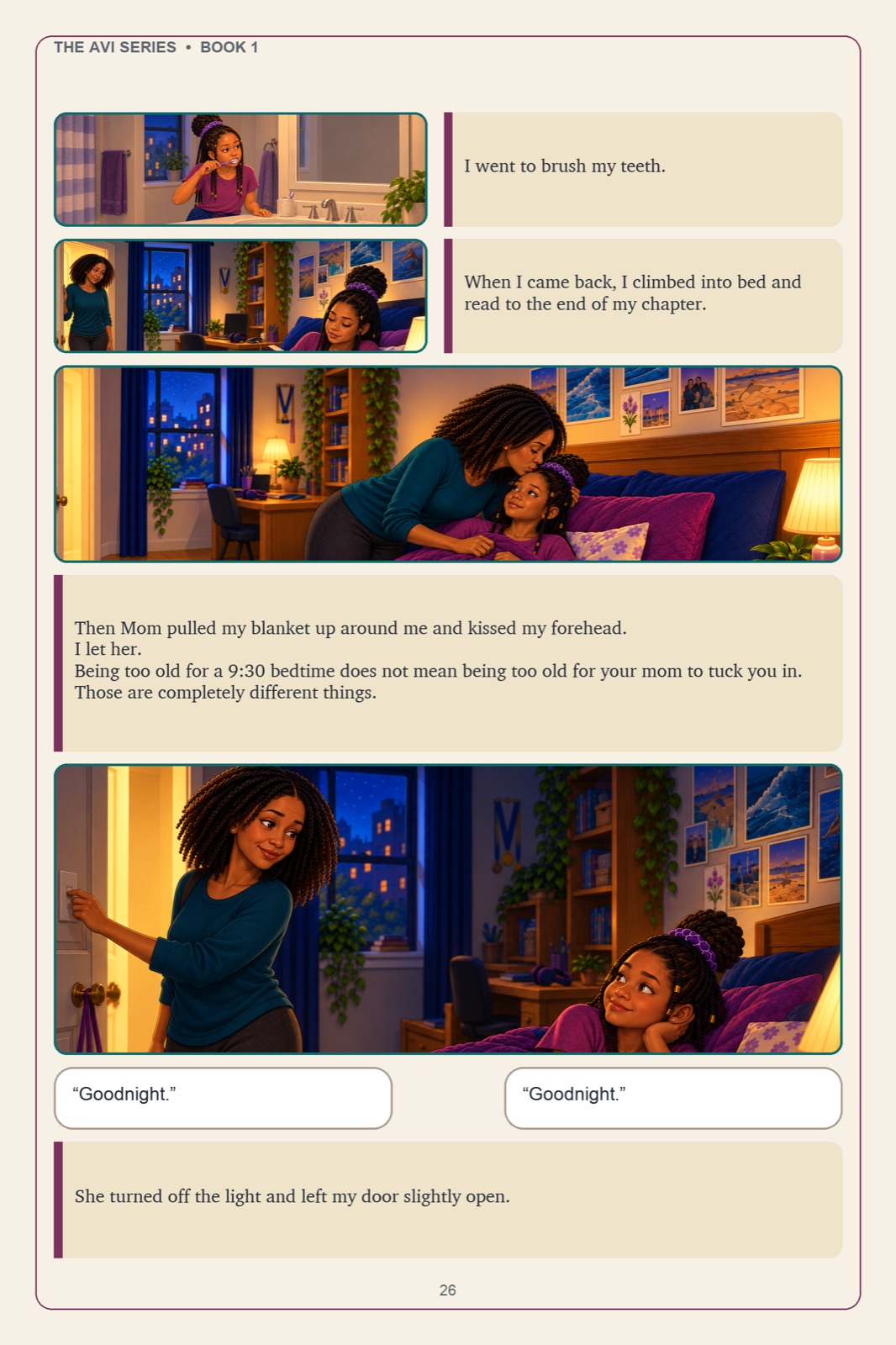 Illustrated bedtime scene from the Avi Series